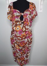 Madden NYC Women's Size XXXL Short Sleeve Floral Sheer Dress Brown Knee-length