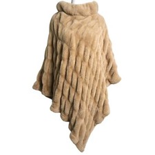 Nwt Tan Quilted Faux Fur Poncho High Neck One Size Asymmetrical Cape Shawl