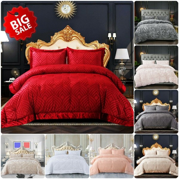 Juego de cama de lujo acolchado de terciopelo de 3 piezas doble super king size