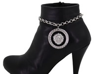Women Silver Metal Boot Chain Bracelet Shoe Big Lion Coin Wrap Around Band Charm
