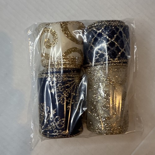 Royal Blue Gold Wired Ribbon Christmas Snowflakes 2 1/2”/ 1 1/2" 20 yards Total - Picture 5 of 5