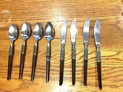 Vintage Elvis Eterna La-Joya Stainless Lot of 8 Spoon & Knife, Made In Japan