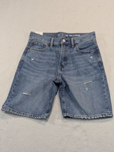 NWT GAP Teen 90's Loose Distressed Denim Jeans Shorts Jorts Sz 16 Light Wash