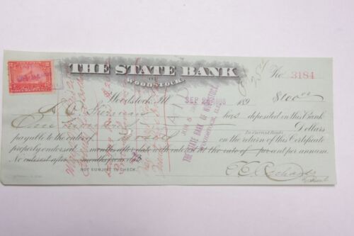 1898 State Bank of Woodstock IL CD Zertifikat Einlage Stempel Sherman C29-343 - Bild 1 von 3