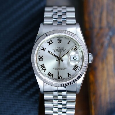 Rolex Datejust Mens Watch 18KW & Steel Silver Roman Dial Fluted