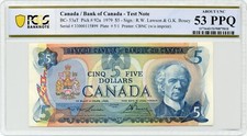 1979 $5 "33" TEST NOTE - Bank of Canada, BC-53aT - PCGS About UNC 53 PPQ, Rare
