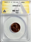 1955-D Lincoln Cent Wheat Penny - ANACS MS 64 RED - Just Graded