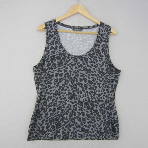 Jacqui E Top Womens Large 14 Grey Black Leopard Sleeveless Stretch Tank Singlet