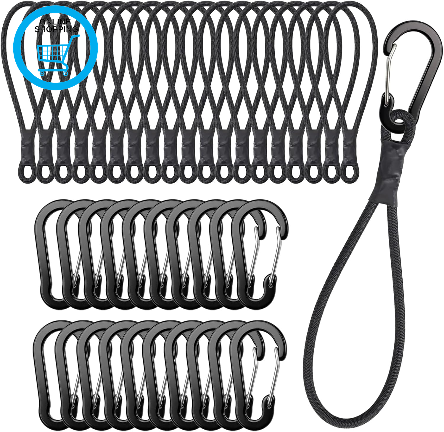 20Pcs Bungee Cords with Hooks - Elastic Short Bungee Ropes with Carabiner Clips