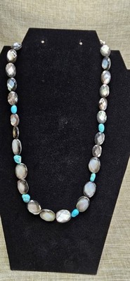 Vintage Gray Mother of Pearl & Turquoise Beaded Necklace  18'' Sterling Silver