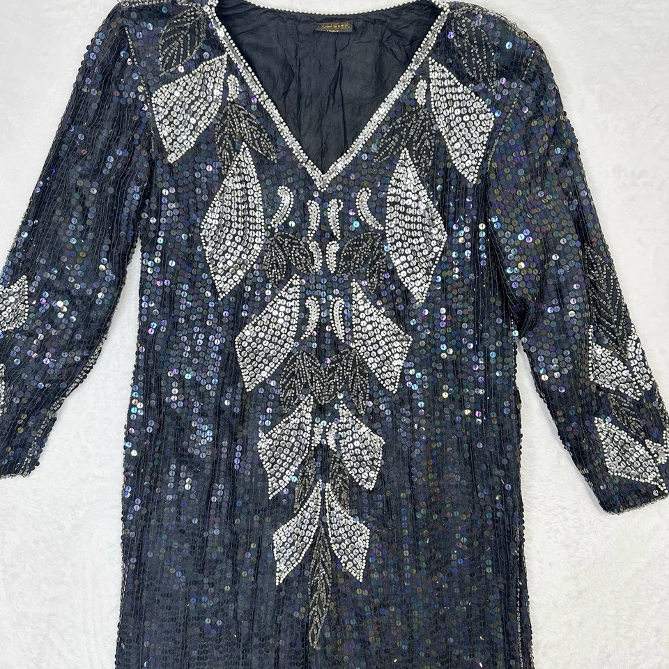 Vestido de lentejuelas vintage años 80 para mujer mediano negro seda plata funda fiesta Año Nuevo Foto 4 de 4