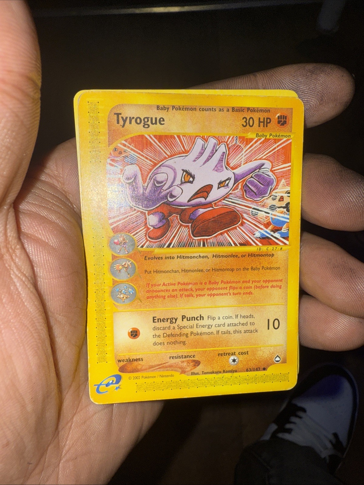 Pokemon Tyrogue 063/147 Aquapolis Card. Excellent Condition