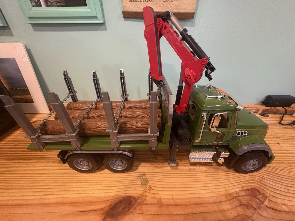 Vintage 2007 Bruder Mack Granite Timber Truck w/ Loading Crane and 3 Trunks - Image 4 of 4