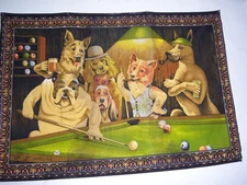 Antique Dogs Playing Pool Billiards Rug Wall Cloth Tapestry Decor 38x54 Rare