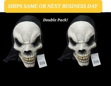 2 Skull Skeleton Halloween Mask Rubber Bones Smiling Teeth Hair Cloth Head Cover