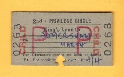 Eisenbahnfahrkarte ~ BR (E) 2. Kind Priv Single - King's Lynn nach Somersham - 1966