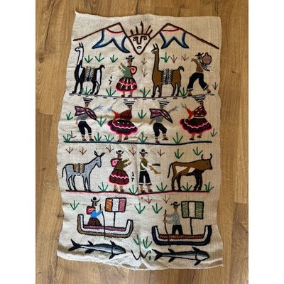 Vintage Peruvian Embroidered Wool Tapestry Wedding Celebration 39x24 
