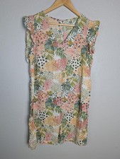 Dress Womens M Multicolor Knee Length Shift V-Neck Ruched Ruffle Linen