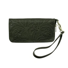 American West Womens Hand Tooled Black Leather Zip Around Wallet OS
