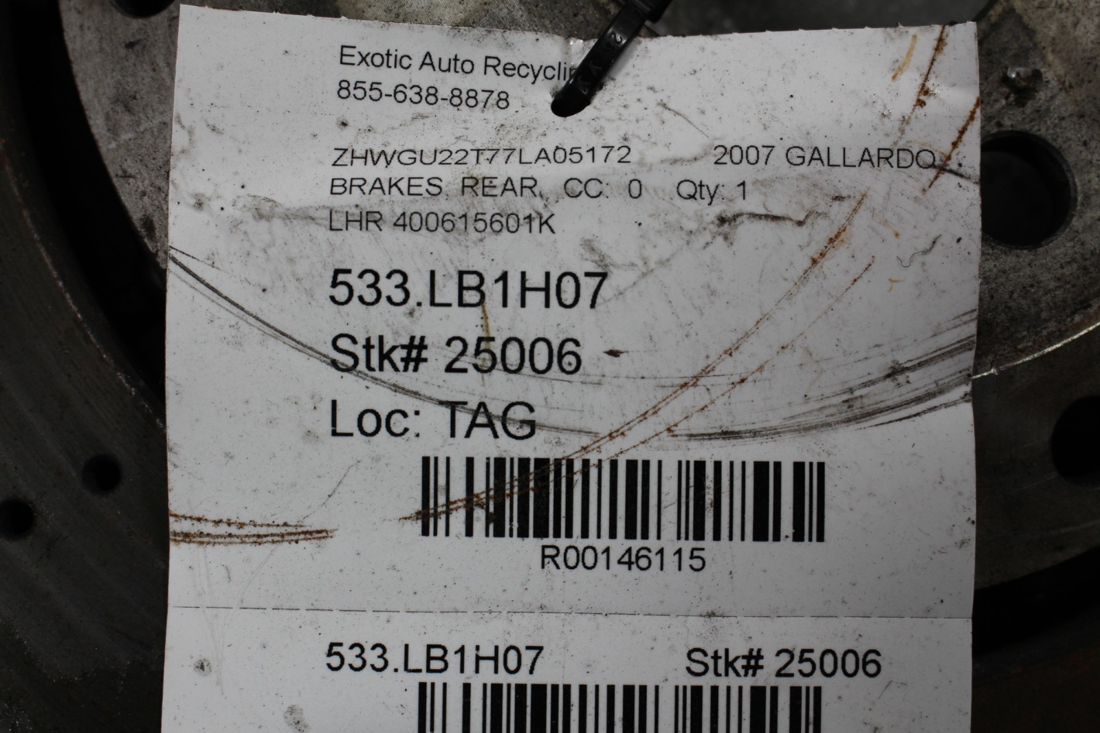 Lamborghini Gallardo Coupe, Spyder, LH, Rear Brake Rotor, Used, P/N 400615601C