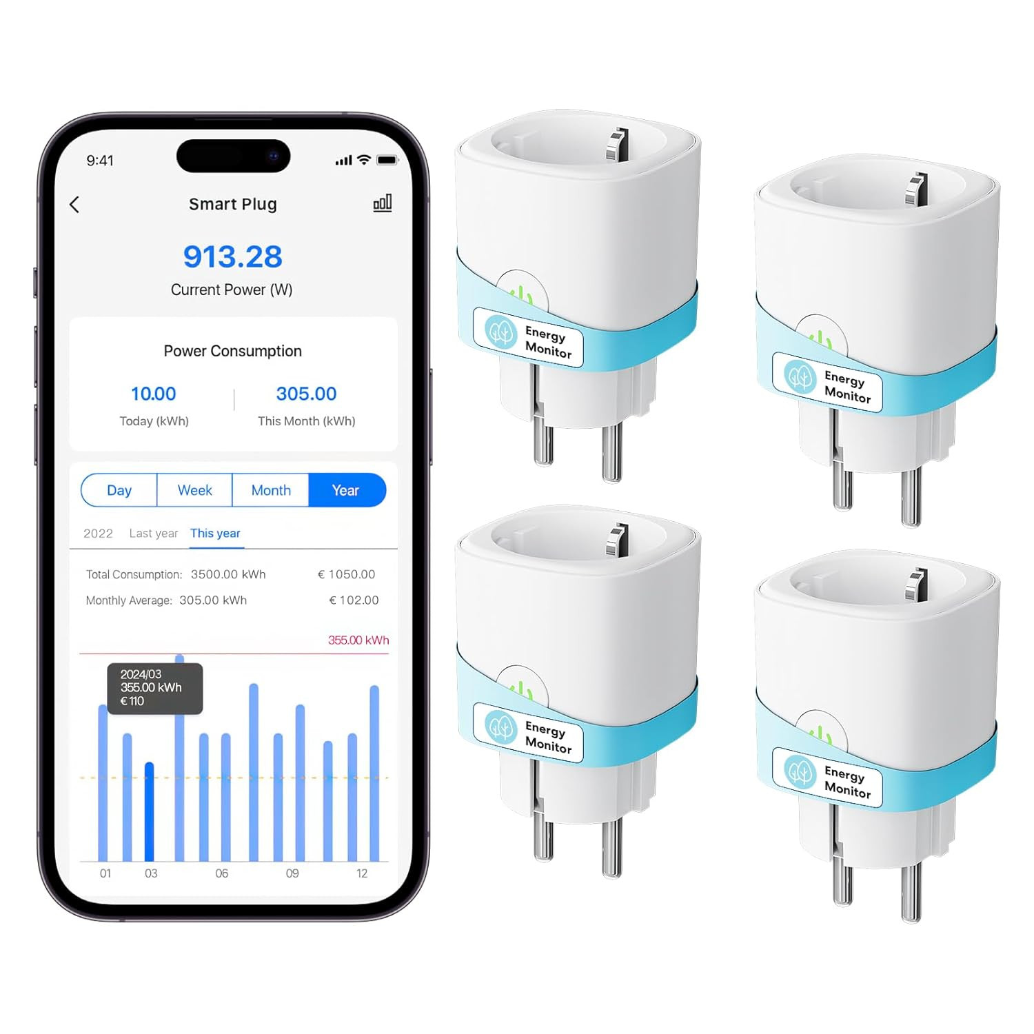 Presa Smart Wifi Con Monitoraggio Consumi, Presa Intelligente 16A, Presa Smart S