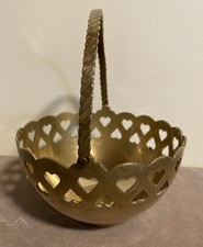 Vintage Solid Brass Braided Handled Basket with Heart Cutout Design, India
