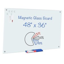 Magnetic Glass Dry Erase White Board, 48" x 36" Frameless Glass 48"W x 36"H