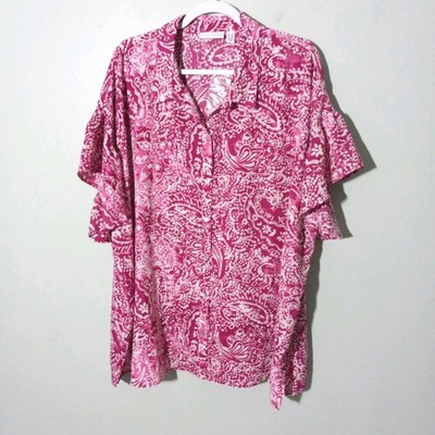 Susan Graver Top Blouse size 2X, NEW! Sheer Tunic Magenta Pink Paisley Ruffle