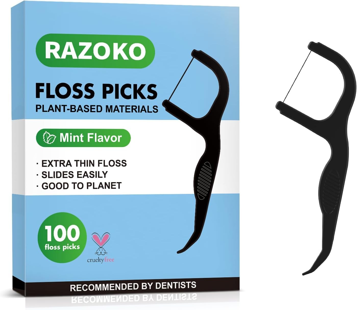 RAZOKO Biodegradable Dental Floss Picks, Charcoal Toothpick Stick Soft On Gum &