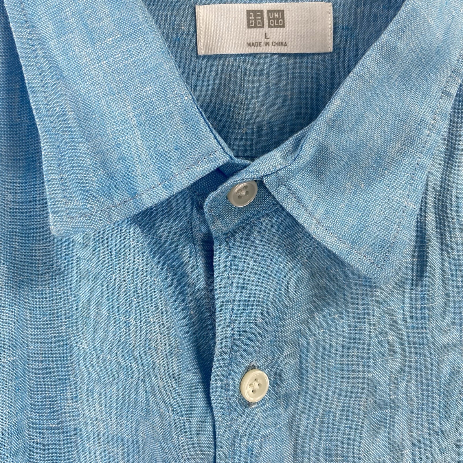 Uniqlo Shirt men's Large Button Up 100% Linen Blue Long Sleeve Casual Pocket thumbnail 6
