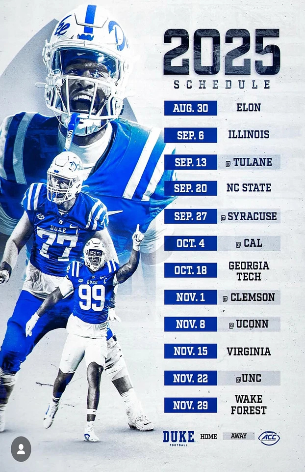 Duke Blue Devils  2025 Schedule Poster 11 x 17 inches Duke Blue Devils Football - Image 3 of 3