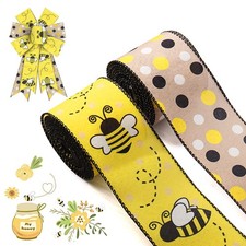2 Rolls 2.5 5 Yd Spring Bee Wired Edge Ribbons Black White Yellow Dots Burlap...