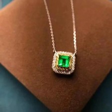 Natural Green Emerald 2Ct Princess Cut Women Halo Pendant 14k Yellow Gold Plated
