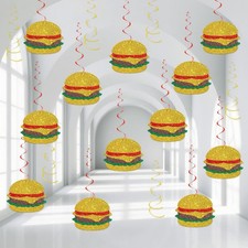 Hamburger Sign Hanging Foil Swirls Decorations Fast Food Burger Party Decor