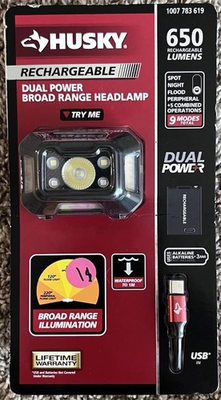 #ad NEW SEALED Husky 650 Lumens Broad Range Dual Power Headlamp w FREE SHIPPING $29.95