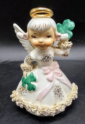 Vtg Mid Century Figurine Girl Angel March Shamrock Clover Calender Porcelain
