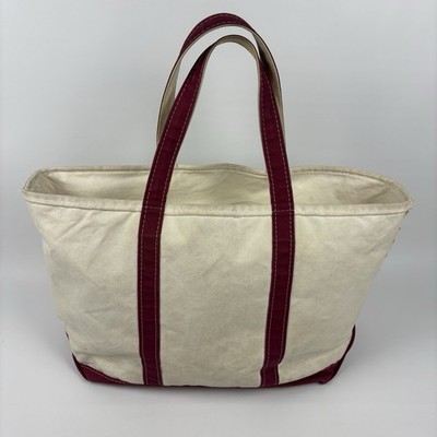 Vintage LL Bean Zip Top Canvas Boat And Tote Bag Large Short Handle Maroon White