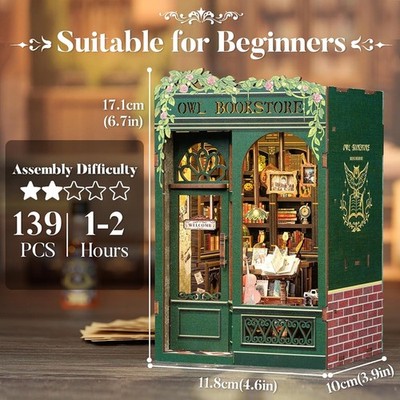 DIY Book Nook Owl Bookstore Wooden Doll House Kit Miniature Model Bookshelf Gift