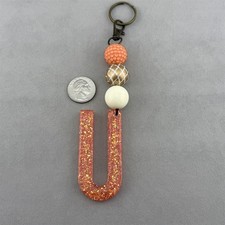 U Letter Initial Pink White Gold Glitter Resin 5" Keychain Purse Charm 62778