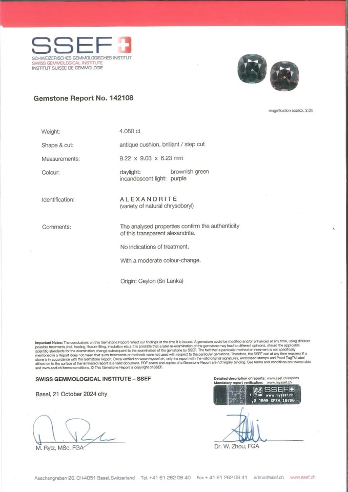 SSEF Certified CEYLON Alexandrite 4.08 Ct. Natural Untreated CUSHION Flawless - Image 2 of 4