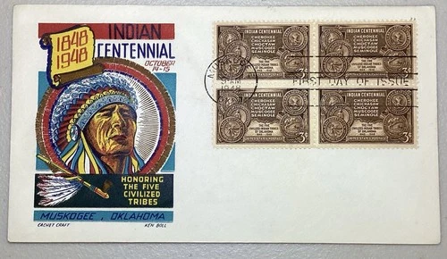 1948 Indian Centennial FDC - Block Of 4 - Muskogee - Five Civilized Tribes