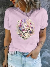 Lady Floral T-Shirt Bohemian Women's Summer Round Neck Casual Letter Print Tee  