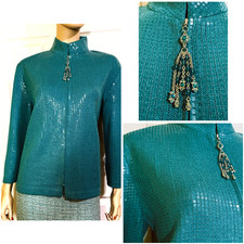 Excellent Turquoise St John Santana Knit Jacket covered in paillettes sz 14