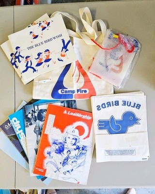 Camp Fire Girls Lot:  Bluebird Books, Iron-on transfers, beads, bag & more
