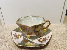 Vintage 1950's Cup and Saucer Set hexagon shape 3 footed iridescent Floral