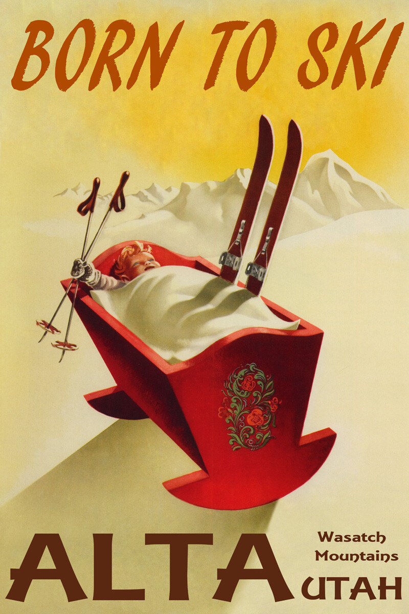 Born To Ski Alta Wasatch Mountains Baby Cradle Skis Vintage Poster Repro FREE SH