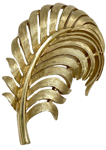 VINTAGE SIGNED CROWN TRIFARI FERN LEAF or FEATHER PLUME GOLD TONE BROOCH PIN - Picture 5 of 9