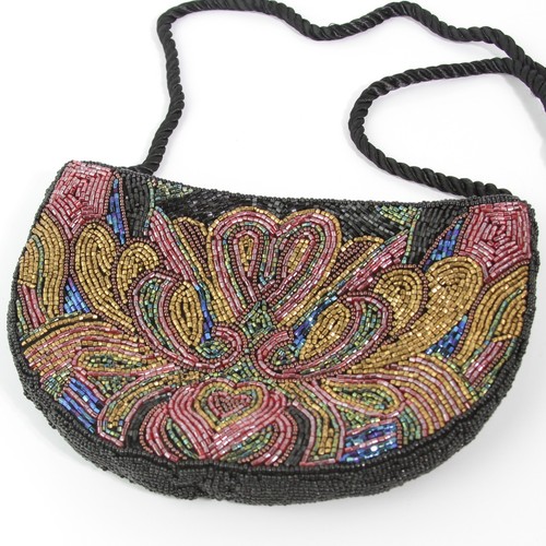 STRIKING BLACK MULTI COLOR FLORAL PAISLEY BEADED CRESCENT POUCH EVENING HANDBAG - Picture 2 of 6