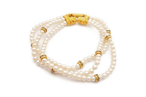 Vintage Bracelet Gold Tone Faux Pearl Rhinestone 7.25"