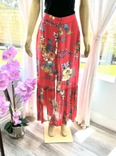 BOG Band of Gypsies Pink Floral Button Maxi Skirt Size M Medium Tiered Ruffle